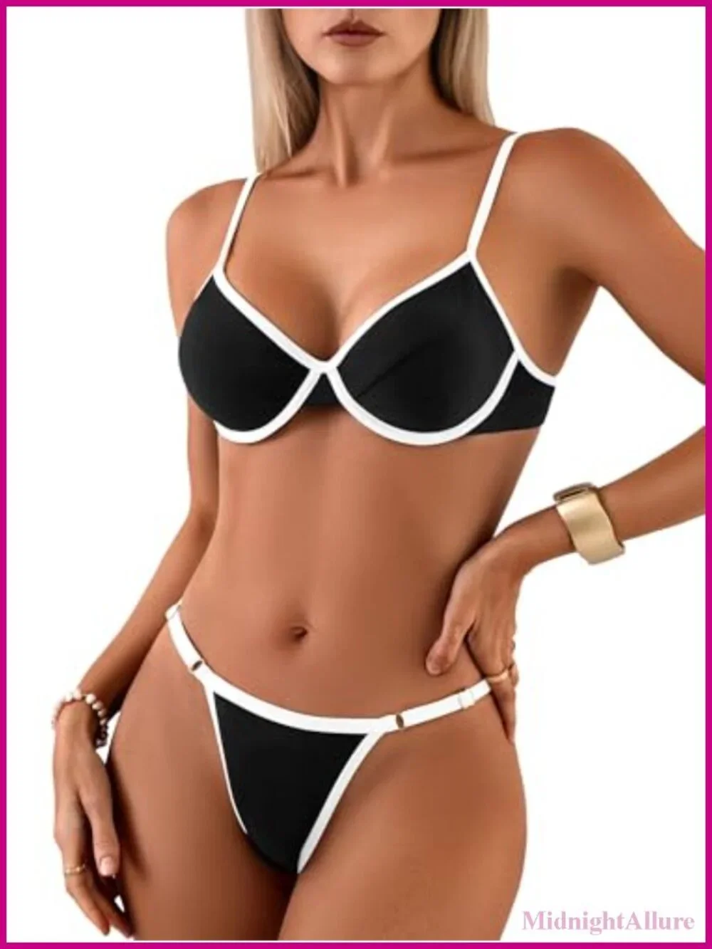 Underwire Thong Bikini Set Push Up Swimsuit High Cut Contrast Binding Two Piece